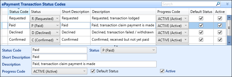 ePayment Transaction Status Codes reference data